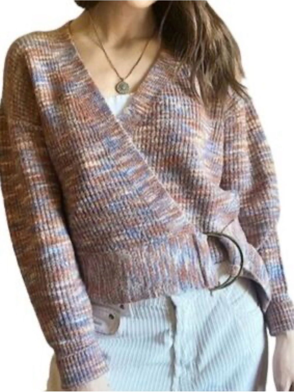 Nine West Multicolor Wrap V-Neck Sweater in Peach, Blue, Cream